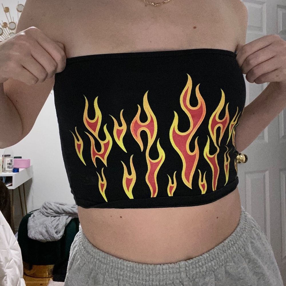 URBAN OUTFITTERS BLACK FLAMES STRAPLESS TOP